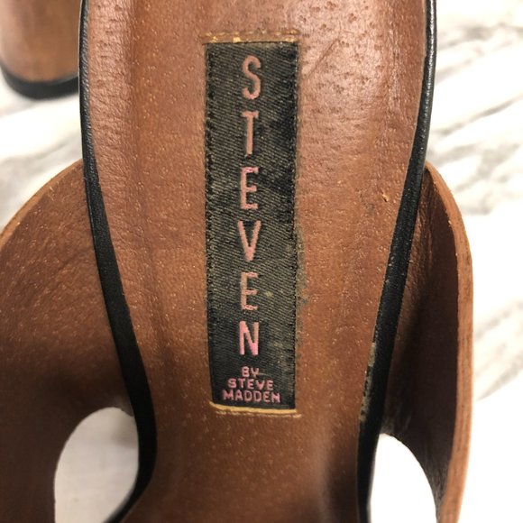 Steven, By Steve Madden, Black and brown leather straps wooden heel, size 8.5 - Picture 2 of 9